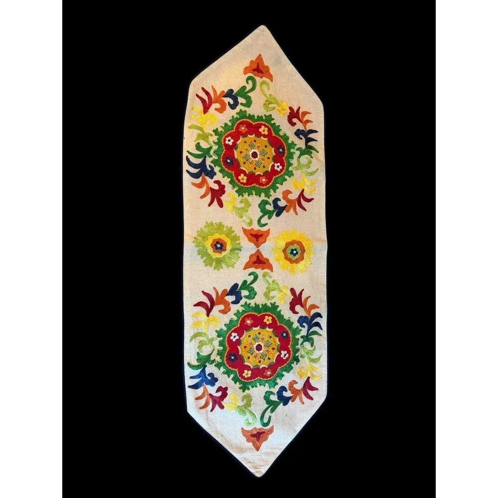 Pier 1 40x13” Primary Color Embroidered Table Runner Floral Design Cotton Linen